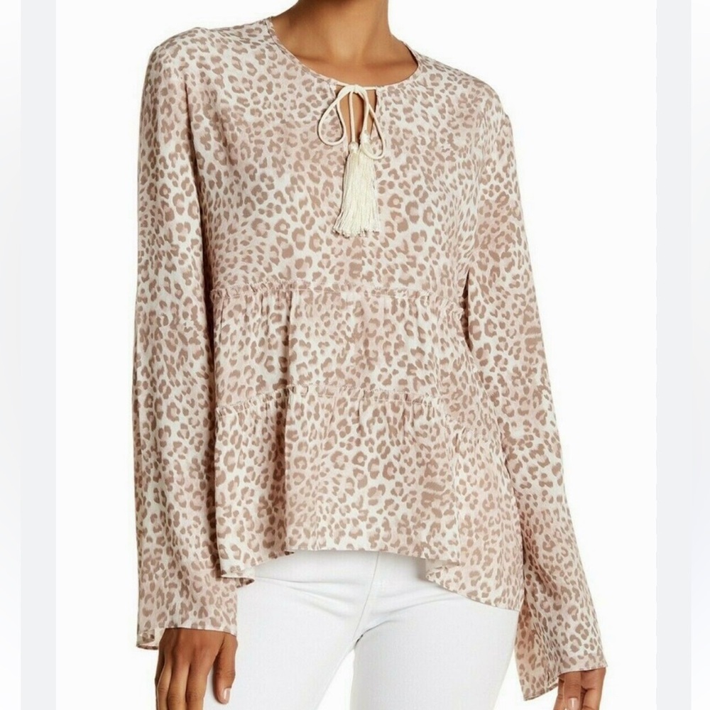 Marchesa Rose Animal Print Blouse Size L Leopard Tassel Summer Relaxed Fit